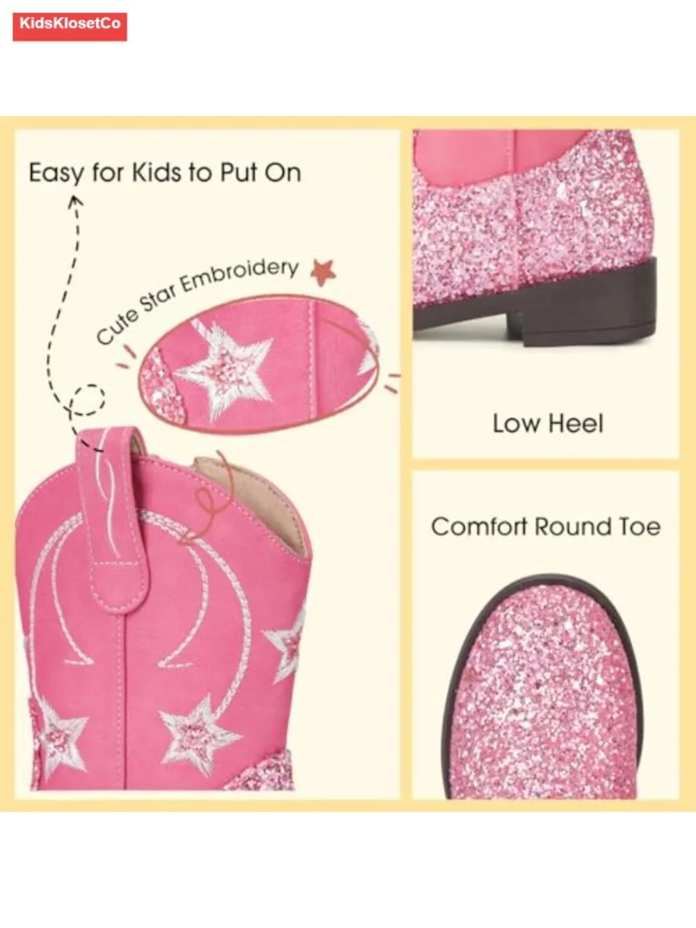 Girls Boys Western Boots - Faux Leather Cowboy Boots with Side Zipper